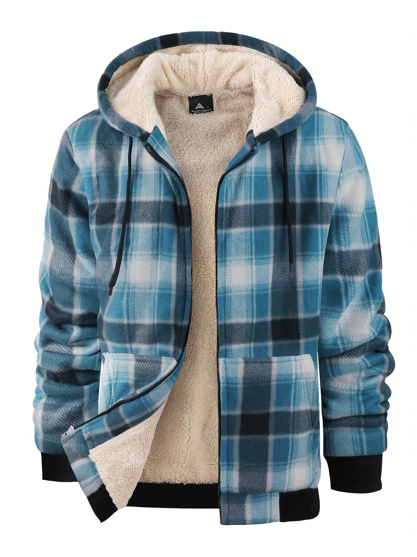Men's Heavyweight Fleece Hooded Jacket - Full-Zip Sherpa Lining, Thick Winter Coat with Plaid Pattern (Blue/Black/Beige/Brown), Zippered Pockets, Hand Washable, Casual Outerwear for Cold Weather & Everyday Use - Ideal for Ski