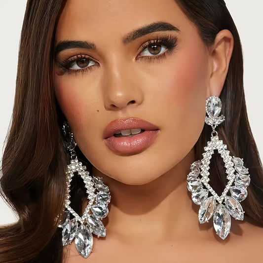 1 Pair Rhinestone Baroque Large Dangle Earrings for Women Bridal Jewelry Gift Hollow Geometric Hanging Earrings Piercing Party