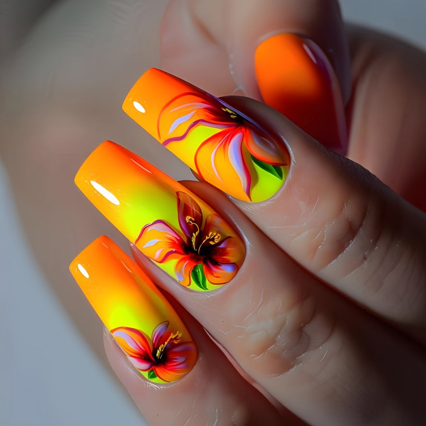 24pcs Ballet Fake Nails with Hand-Painted Orange Gradient Flowers & White tip - Medium Length Press- Nail Patches, Glossy Ballerina Nails Suitable for Dance, Weddings, Parties, Daily Wear