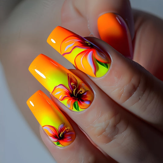 24pcs Ballet Fake Nails with Hand-Painted Orange Gradient Flowers & White tip - Medium Length Press- Nail Patches, Glossy Ballerina Nails Suitable for Dance, Weddings, Parties, Daily Wear