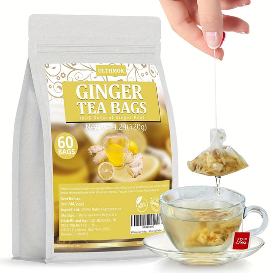 60 Premium Ginger Tea Bags, Natural Ginger Root, No Caffeine Free.Easter, ULTHMOK