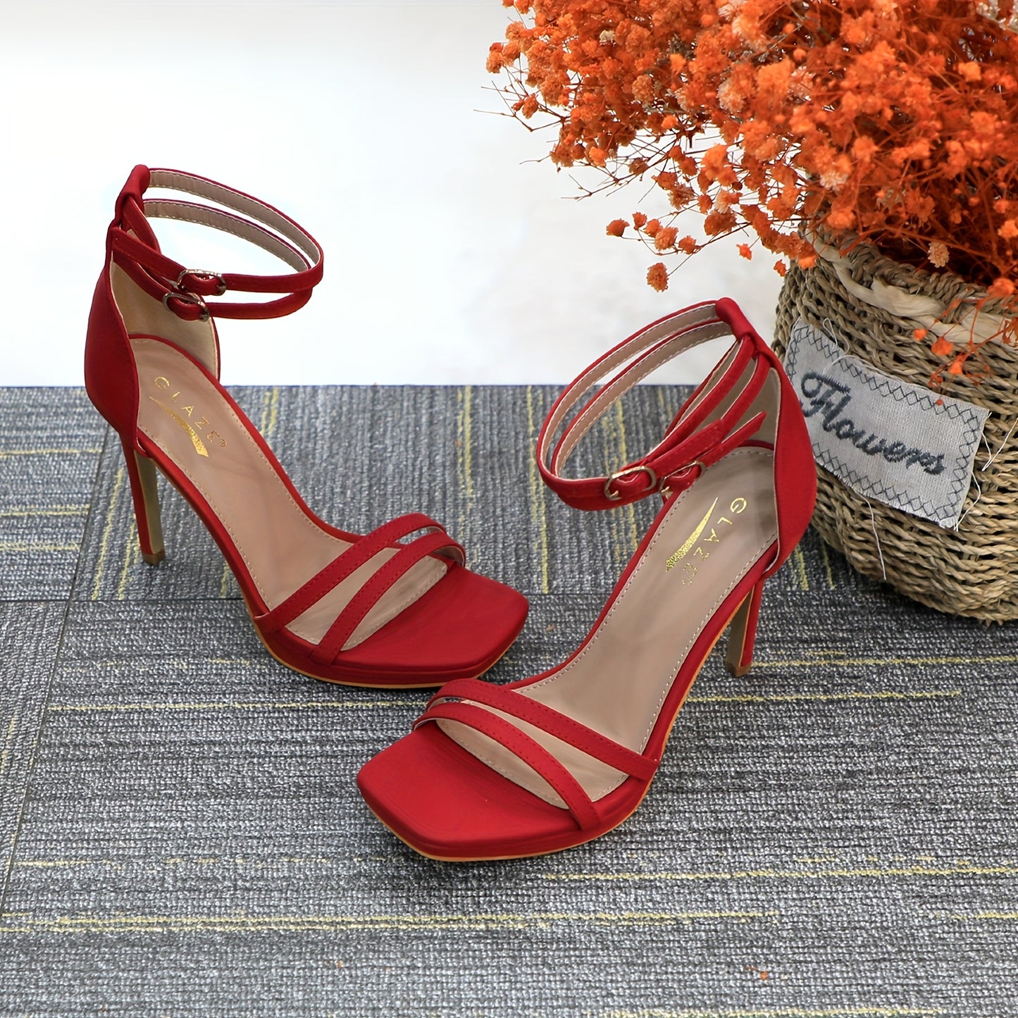 [Red Stiletto Sandals] Ultra-Fine 4.3" High Heel Women's Red Stiletto Sandals | Square Open Toe | Ankle Strap with Buckle Closure | Microfiber Synthetic Cover | Ideal for Prom, Wedding & Bridal Events, Wedding Shoes for Bride