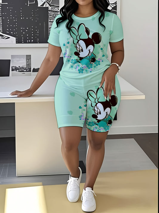 2pcs Women's Disney Mickey Mouse Summer Short Sleeve Set, Cartoon Design, 3D Printed Short Sleeve T-Shirt & Shorts Comfortable Great for Outdoors & Vacation, Loose Comfortable Sports Set