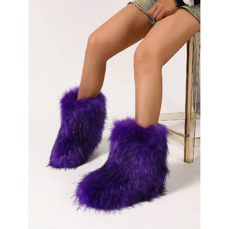 's Faux Fur Fur-Real Faux Fur-Like Winter Boots - Plush Warm Microfiber Furry Round Toe & Faux Fur Collar-like Ankle, Short Mid-Calf Cushioned Comfortable Indoor/Outdoor Purple (No-) Short Boots - Cozy Winter Shoes for Dresse