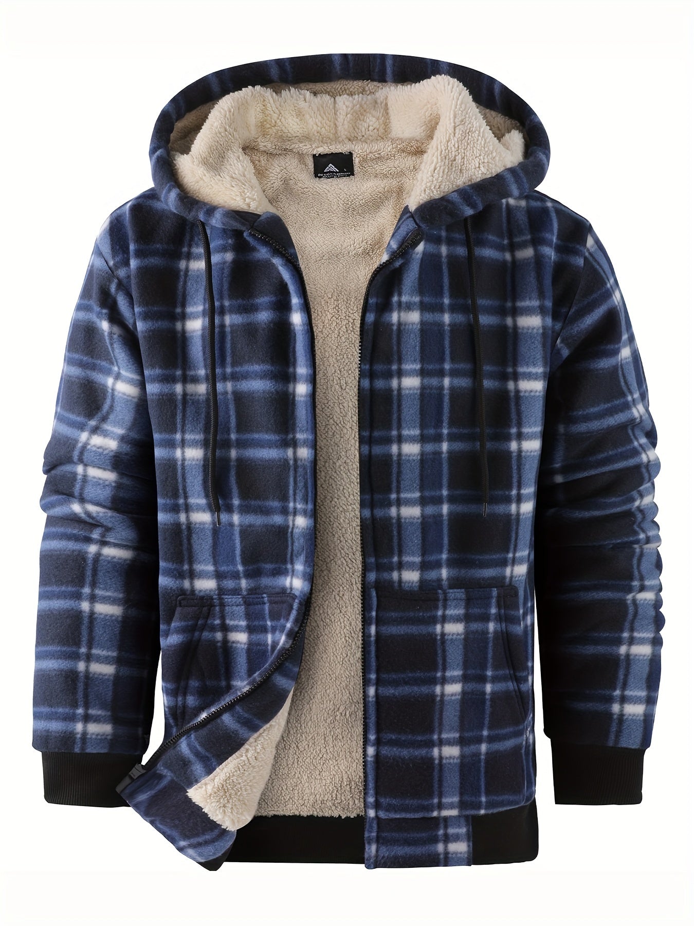 Men's Heavyweight Fleece Hooded Jacket - Full-Zip Sherpa Lining, Thick Winter Coat with Plaid Pattern (Blue/Black/Beige/Brown), Zippered Pockets, Hand Washable, Casual Outerwear for Cold Weather & Everyday Use - Ideal for Ski