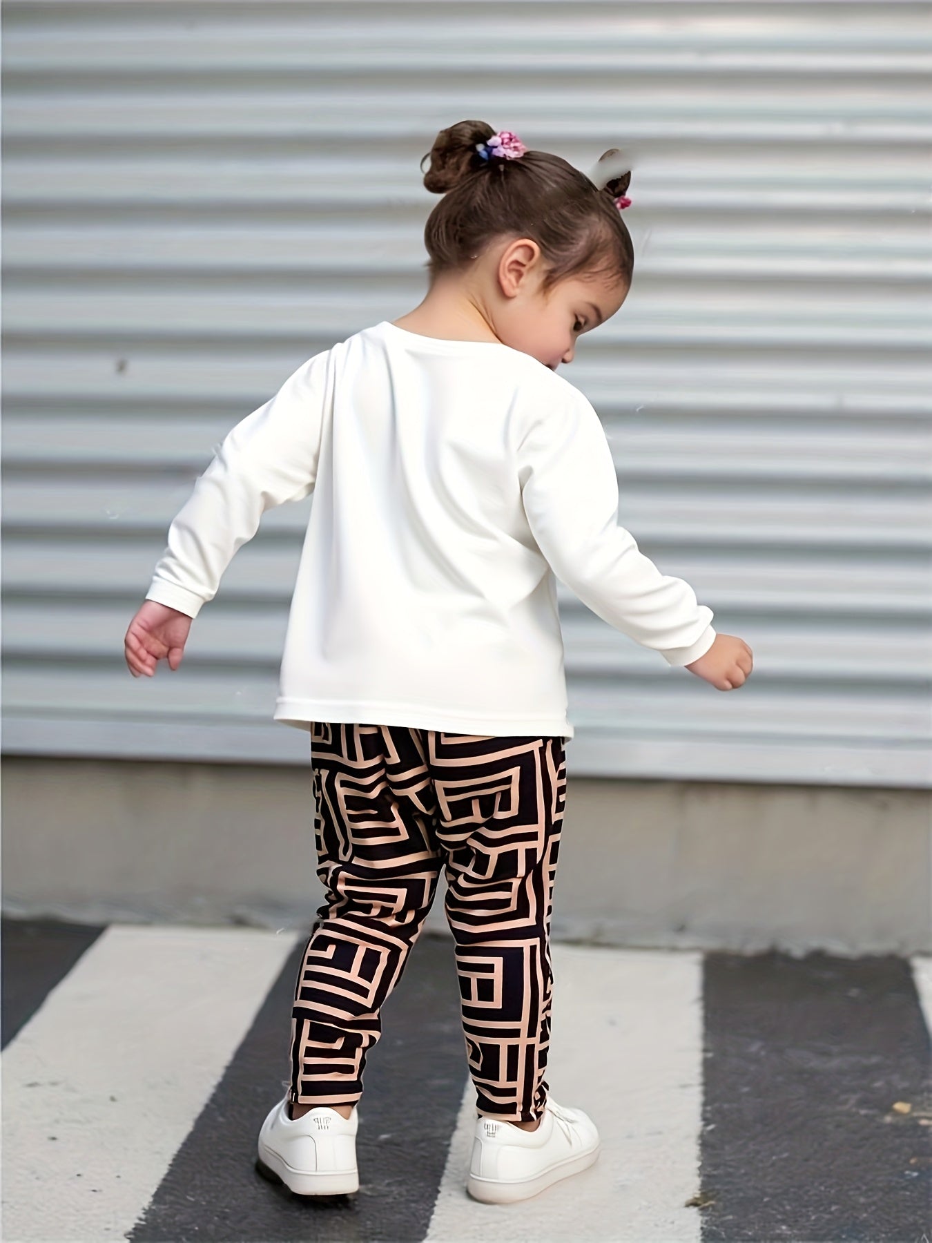 2pcs Winter Outfit Set - Oversized White Smock Dress-like Long Sleeve T-Shirt & Wide-Leg Pants with Matching White & Black Stripes, Soft Stretchy Polyester, Warm Fall/Winter Outfit (0-12 Months), Perfect for Outdoor