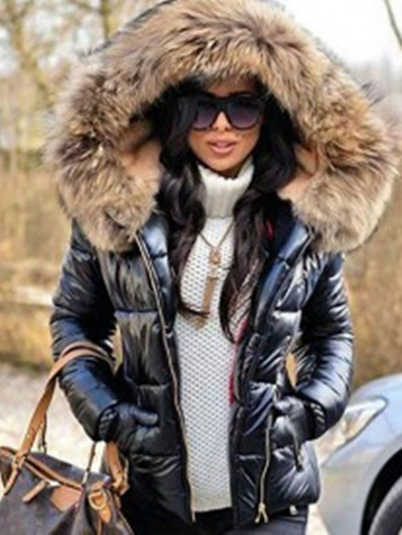 Plus Size - Plus Size - Plus Size Women'S Elegant Hooded Winter Jacket - European & American Style Warm Mid-Length Coat with Full-Zip Front Closure, Soft Pink Fur Collar & Long Sleeves, Cozy Insulated Outerwear for Fall/Winte