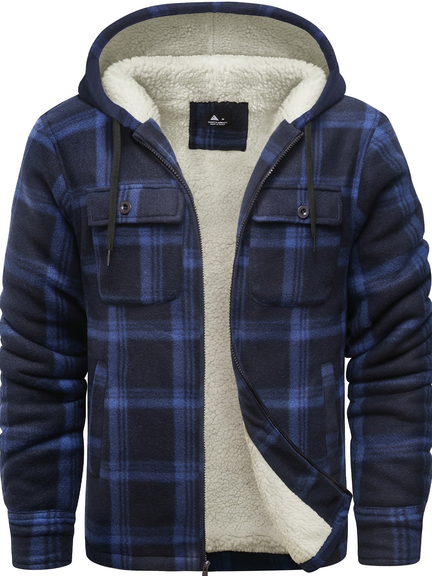 Men's Jacket, Heavyweight Hooded Sweater, Full Zip Thick Snow Mountain Lined Flannel Plaid Shirt with Pockets, Casual Style, Perfect for Autumn and Winter, Regular Fit, Hooded Collar, Plaid Pattern