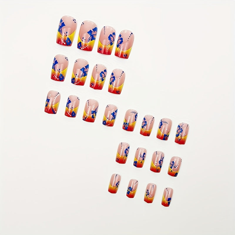 French-Style Gradient Press-On Nails with Blue Flowers & Orange Ombre - Square Medium Length Detachable Nail Extensions Suitable for Women Daily Wear, Parties, Weddings, Prom - Easy Application & Durable Glossy