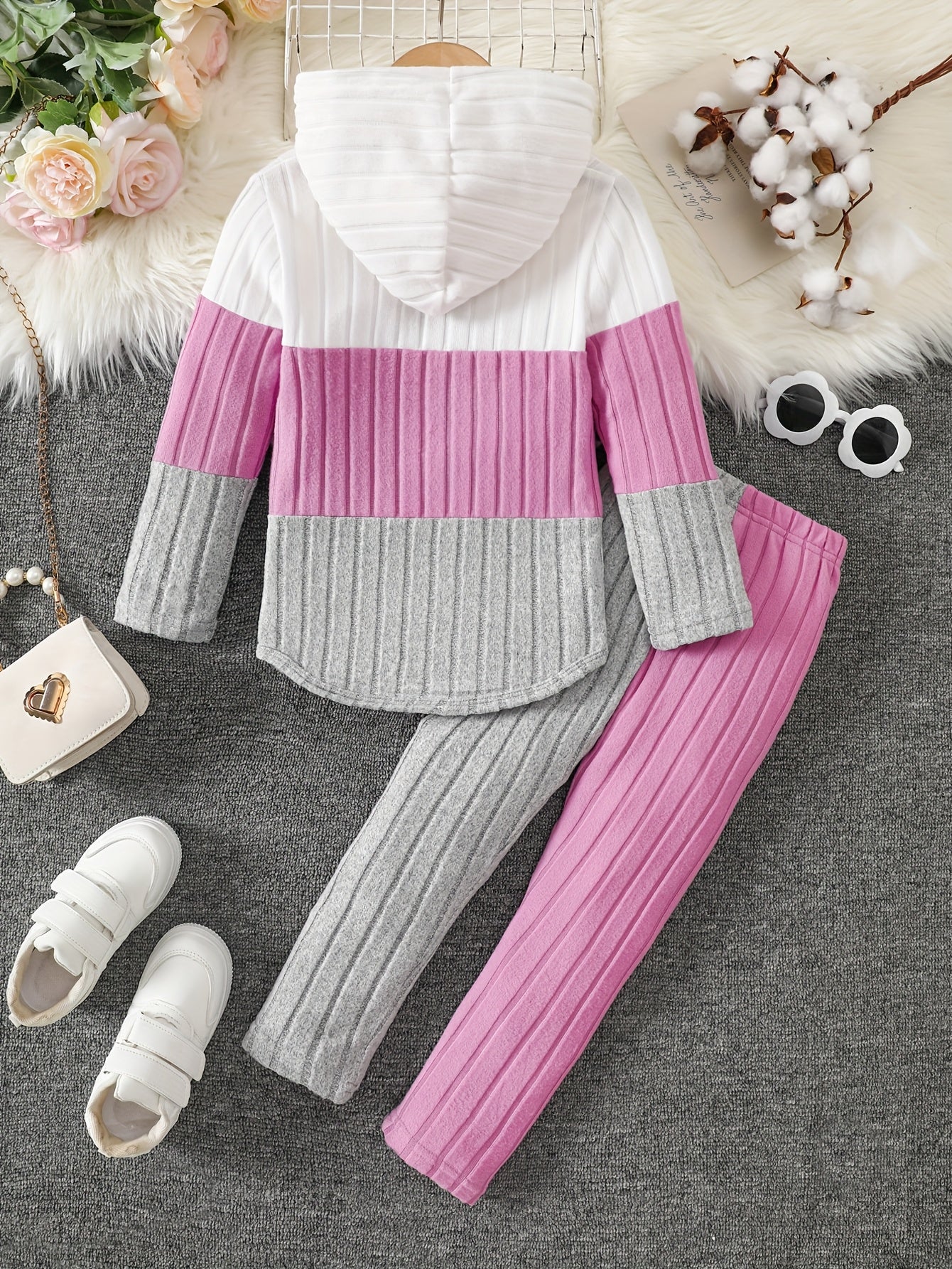 [Girls' Hoodie Set] 2pcs Girls' Pullover Hoodie Set | Long Sleeve, Color Block Patchwork, Lined Warm Knit Fabric | Autumn/Winter, Ages 1-8, Casual & Sports