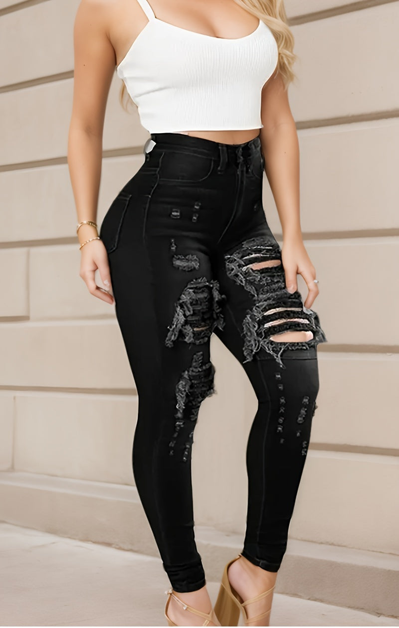 Ripped High Waisted High Stretch Tight Jeans, Comfortable Casual Jeans, Suitable For Daily Wear, Women's Jeans And Clothing