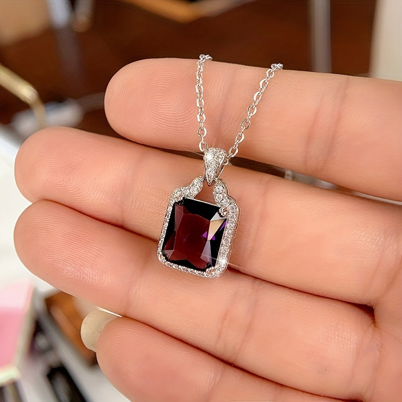 A Women'S Fashion Pendant Necklace Featuring a Vintage Luxurious Design with a Purple Cubic Zirconia Rectangular Cut Pendant, Perfect for Elegant Outfits at Parties And Gatherings, Making It a Stylish Gift for Mother'S Day.