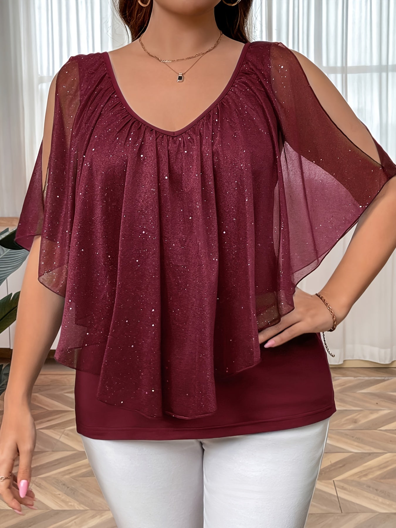 Women'S Elegant V-Neck Pleated T-Shirt, Summer Knit Polyester Tee with Frill Detail, Medium Stretch Solid Color Top, 95% Polyester 5% Elastane, 180g/m² Fabric Weight