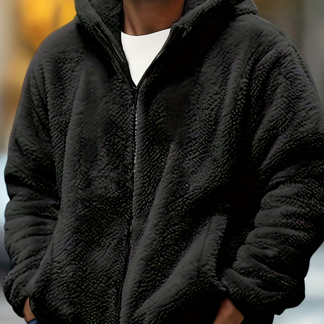 Men's Plush Jacket with Hood - Coral Fleece-Like Outer, Full-Zip Winter Warm Coat, Machine Washable, Pockets & Adjustable Hood, Casual Outerwear for Fall/Winter (No Bulk) - Ideal for Cold Weather (OBM