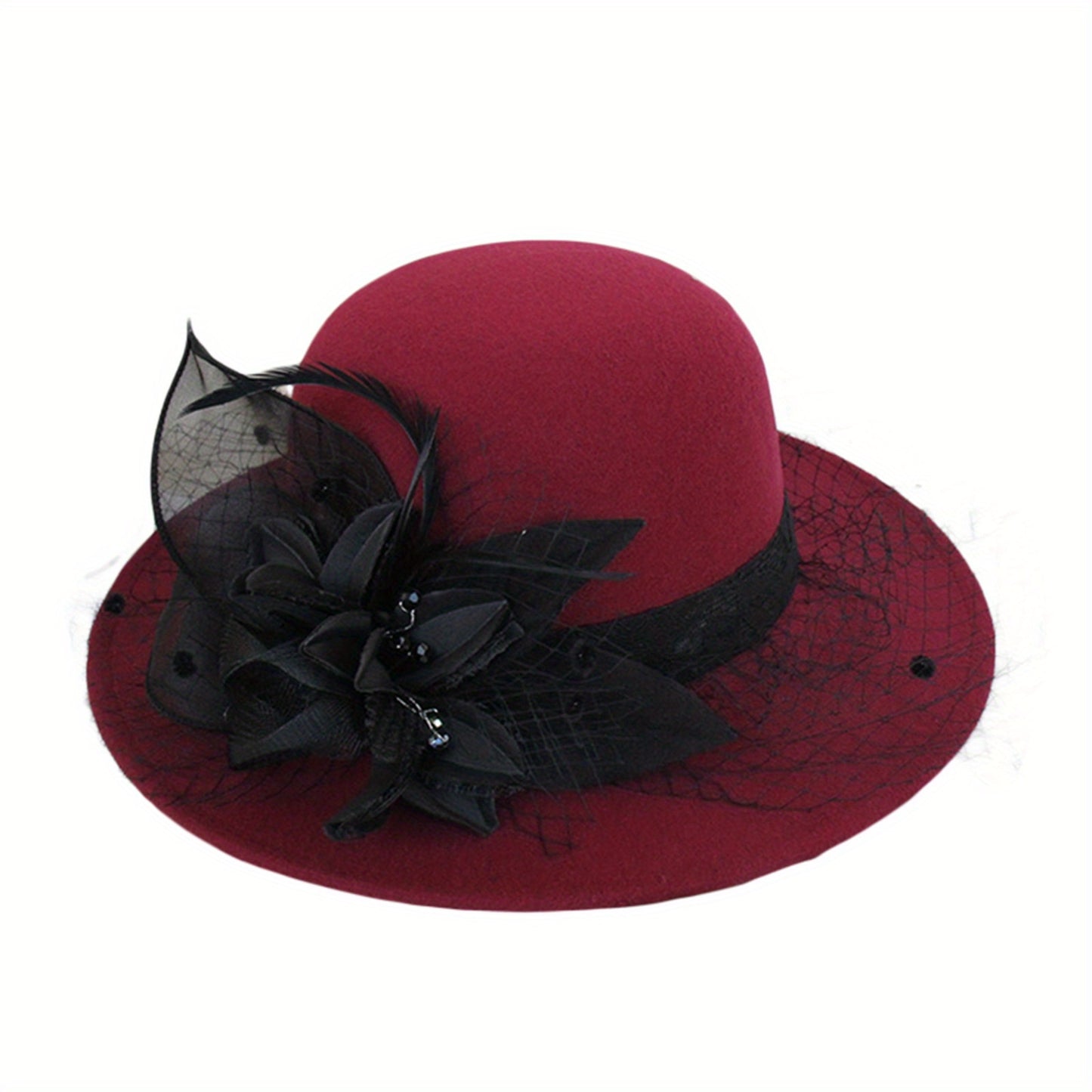 Women's Wide Brim Fedora Hat with Black Lace Veil & Floral Decor - Non- Derby Cap for Church, Bridal Tea Party, Formal Events