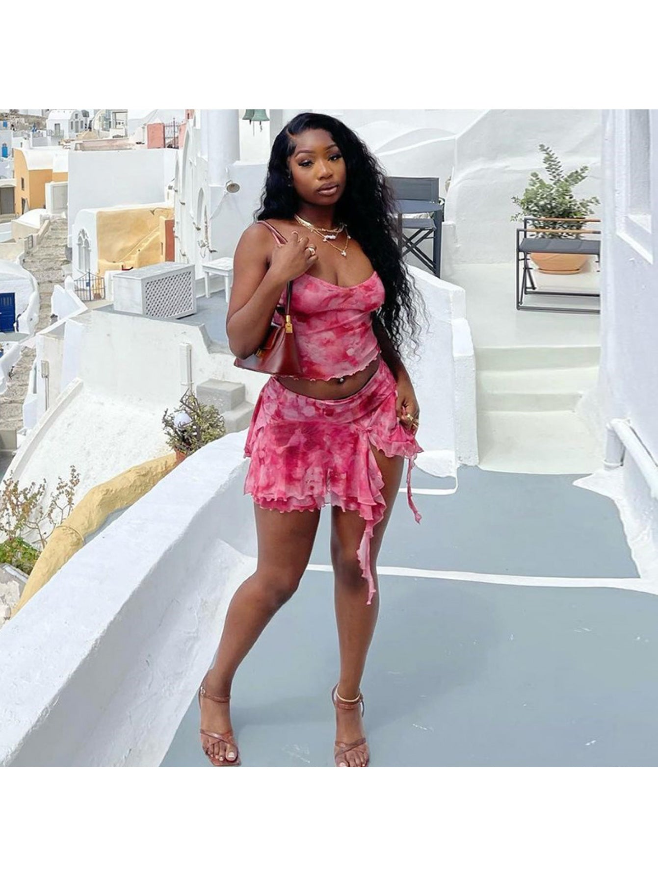 Women'S Stylish Floral Print Mesh Camisole Top & Ruffled Mini Skirt Set - Sexy Sleeveless Crop Top with High-Waisted Skirt, Perfect for Summer Outings, Casual Attire|Floral Print Top|Ruffled Skirt