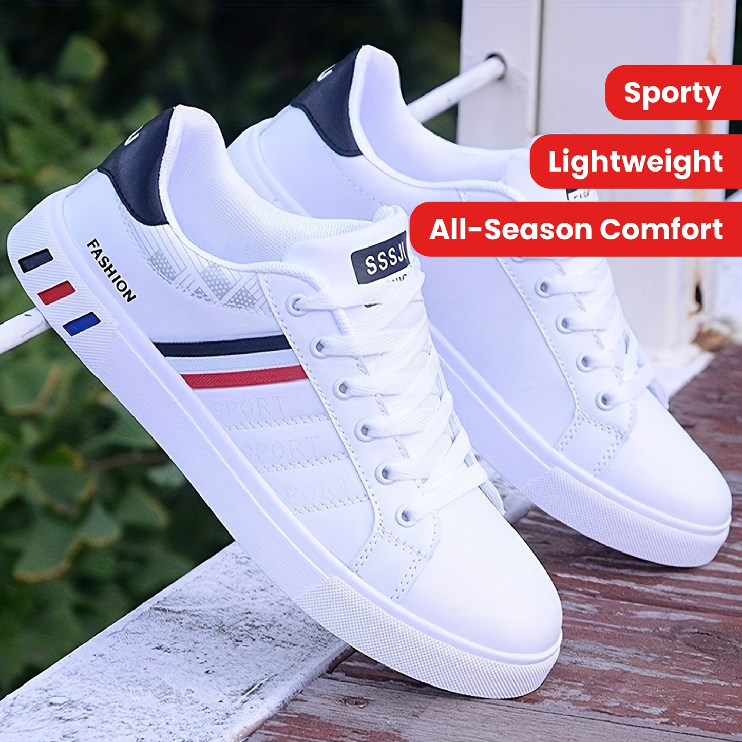 NVSHIXIUXIANPINGDI Women's Casual Flat Sneakers - Sporty White with Blue & Red Stripe, Lace-Up, Lightweight EVA Material, All-Season Comfort Shoes, Cute Shoes