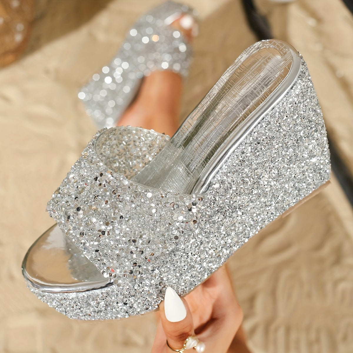 A Pair Of Women's Platform Sandals With Thick High Heels, Waterproof Soles, One-step Slip-on Design, Shiny Rhinestones And Wedge Heels.