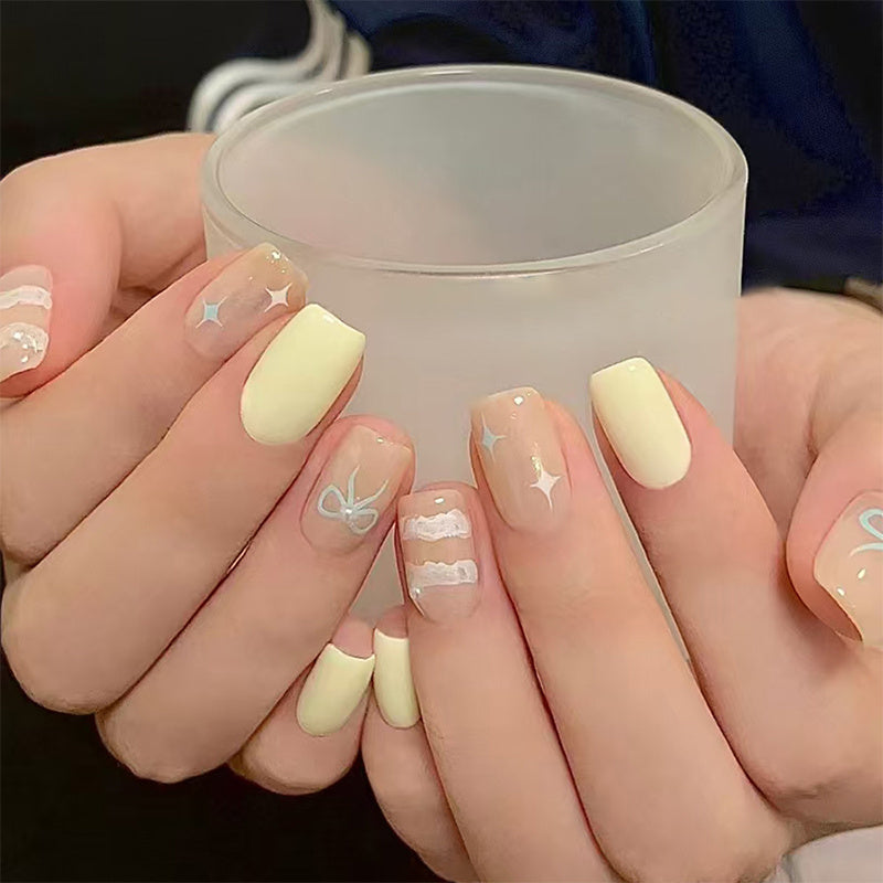144pcs/6pcs Glitter Press On Nails - Square Medium Length False Nails with Geometric Stripes, Pale Pink & Orange Glossy Acrylic Full Cover Fake Nails with Glue for Women, Spring Summer Nail Art