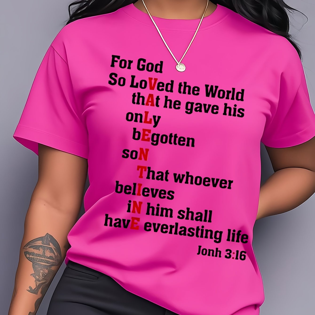 Plus Size Women's T-Shirt - Soft Loose Fit Casual Short Sleeve Round Neck with Inspirational Bible Verse Print (John 3:16) - Vibrant Pink & Black Lettering - Summer Spring Fall Comfort Top - Perfect Gift for Her, Ladies T Shi
