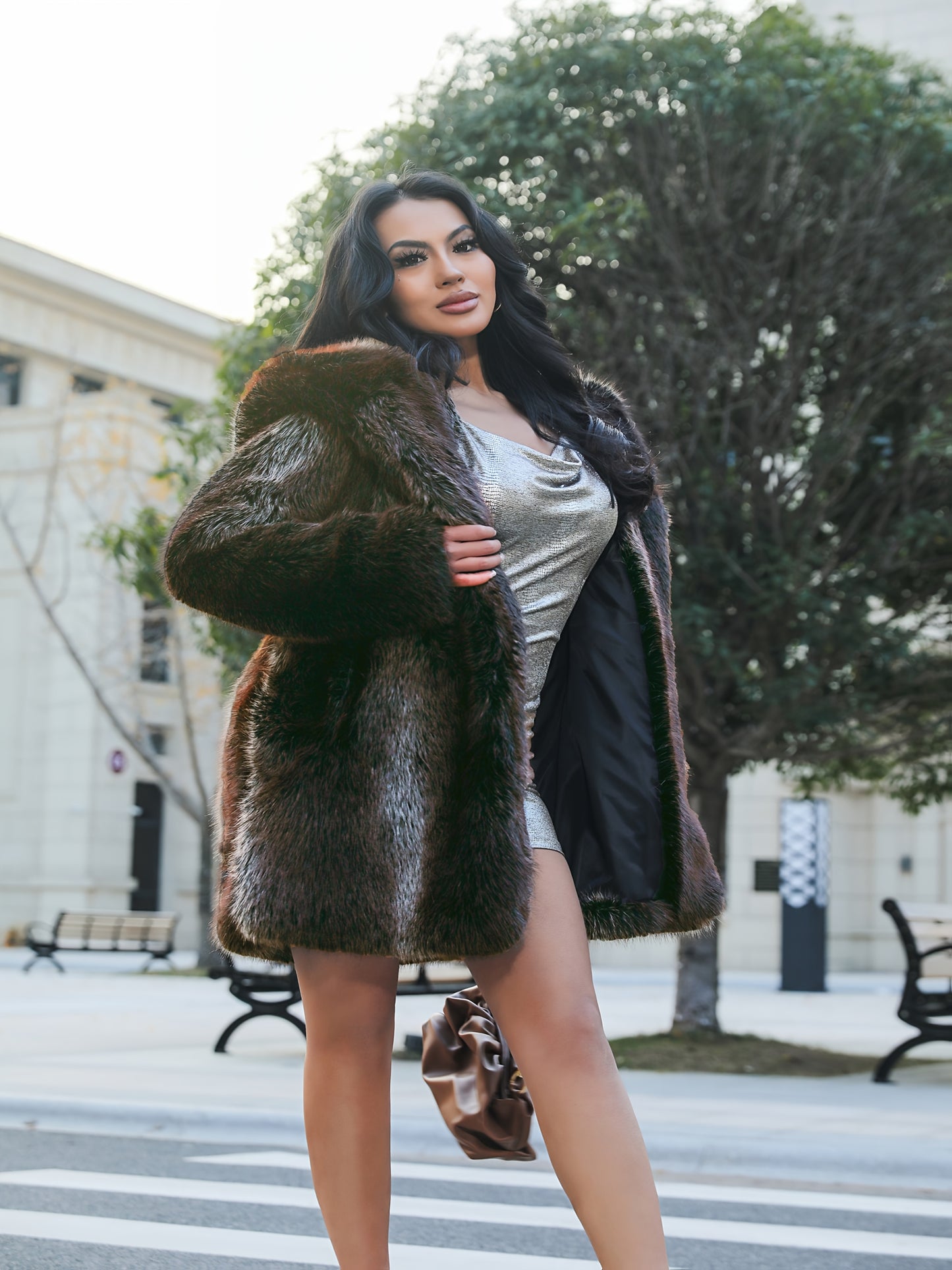 Plus Size - Plus Size - Plus Size Women'S Elegant Faux Fur Hooded Coat with Gray Wolf Ear Print - Thick Warm Mid-Length Winter Coat, Double-Breasted Front, Pockets, Long Sleeves, Casual Streetwear Style for Fall/Winter