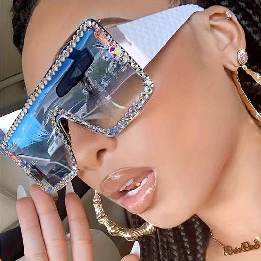 Women's Oversized Rhinestone-Adorned Large Round Frame Glasses - Sparkling Party & Everyday Statement Glasses with Clear Decorative Lens, Durable Non-Prescription Fashion Eyewear for Women, Bold Statement Glasses for Night Ou