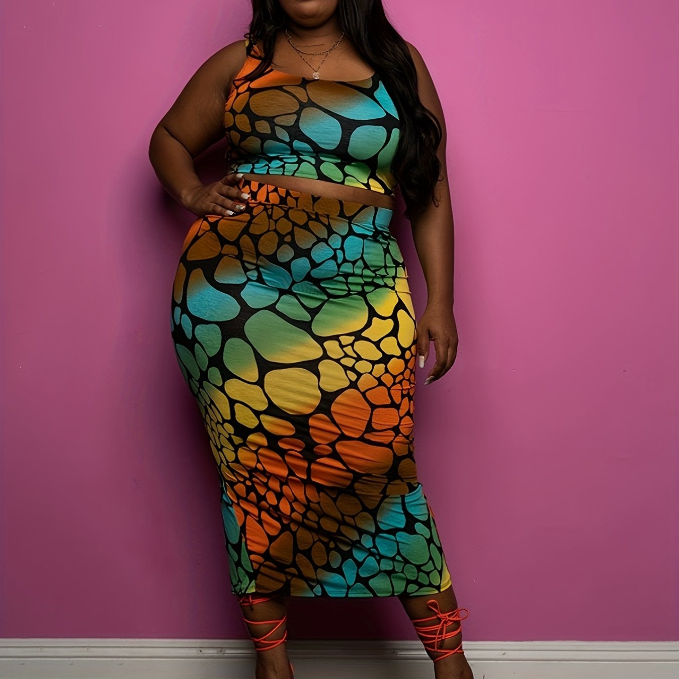Plus Size - Plus Size Women'S Summer Casual Fashion Sexy Color Block Leopard Print Round Neck Sleeveless Crop Top + Color Block Leopard Print Sexy Bodycon Back Slit Skirt Two-Piece Set