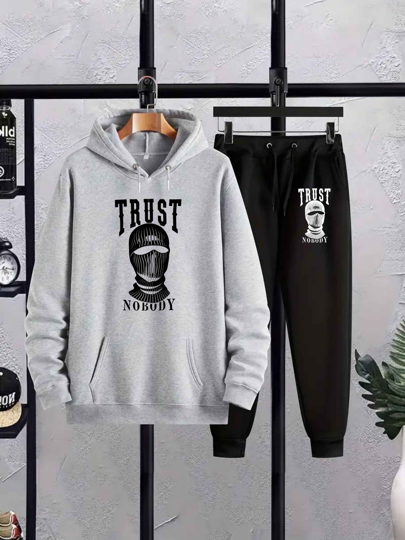 Trust Nobody Men's Large Size Autumn and Winter Hooded Sweatshirt Set New Men's Trendy Printed Drawstring Hoodie Casual Sports Top Set, PLUS SIZE
