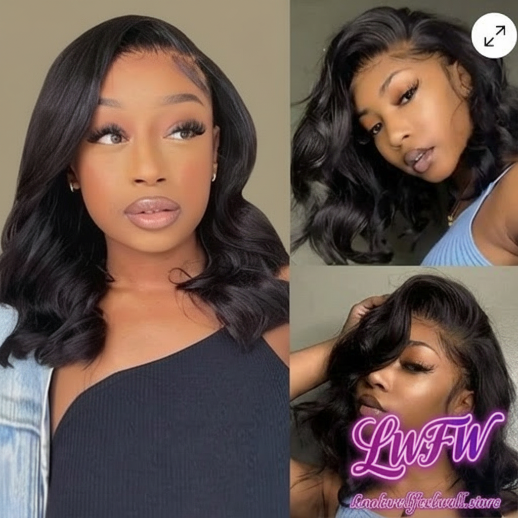 14" Brazilian Bob Wig Human Hair Black Wave Lace Front Glueless Wig
