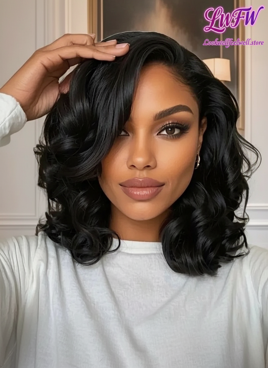 14" Brazilian Bob Wig Human Hair Black Wave Lace Front Glueless Wig
