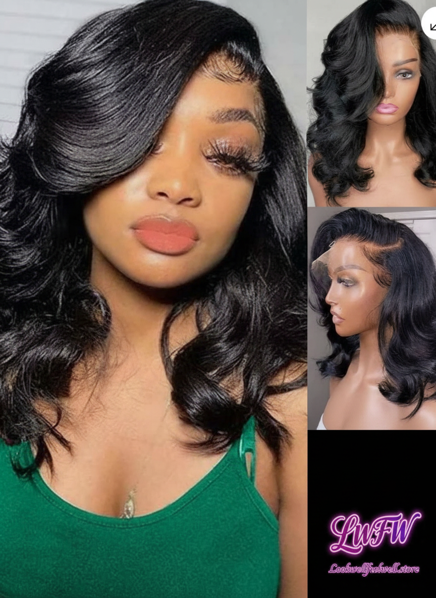 14" Brazilian Bob Wig Human Hair Black Wave Lace Front Glueless Wig