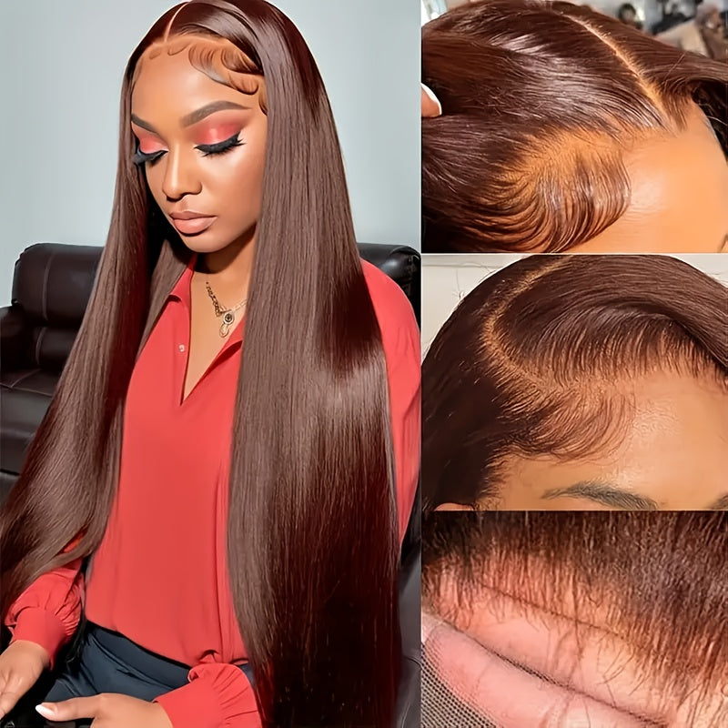 Chocolate Brown Straight Lace Front Wig - 13x4 HD Transparent Human Hair, 200% Density, Pre-Plucked with Baby Hair, Glueless Design for a Sleek, Natural Look