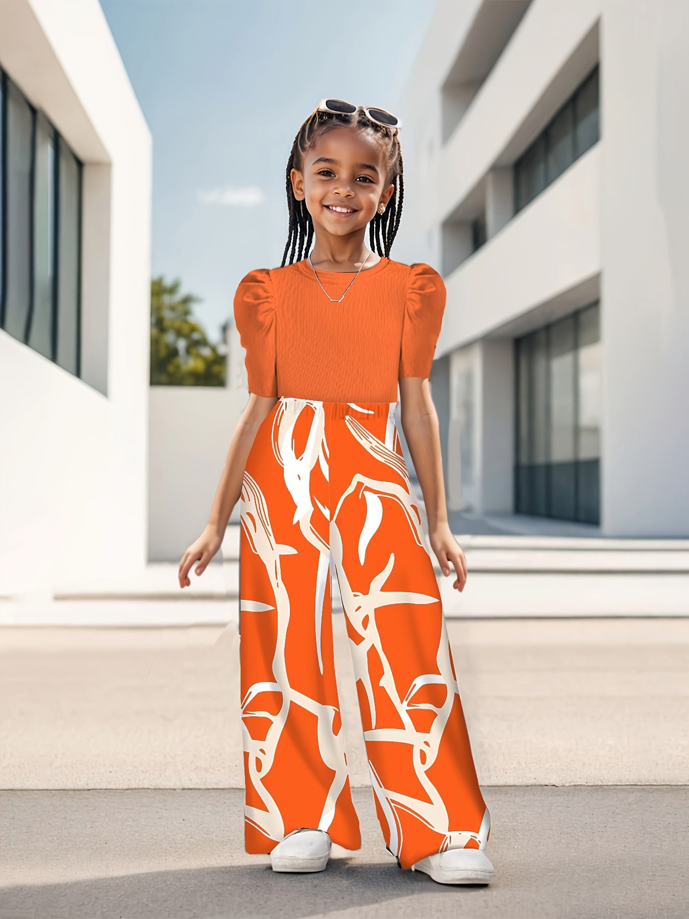 Bubble Sleeve Fashion Simple Top & Stylish Floral Print Wide Leg Pants, Girls' Long Trousers Set, Children's Casual Fashion Wide Leg Outfit Suitable for Ages 3 and Up, Perfect for Outdoor