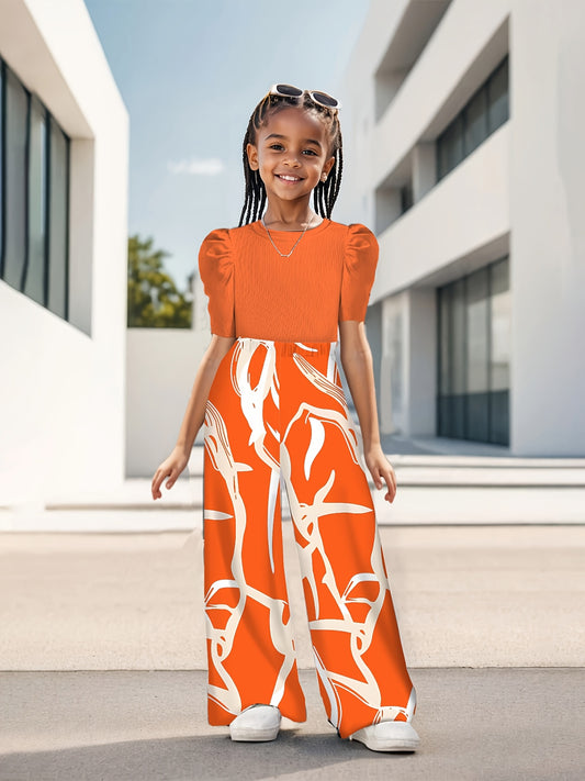 Bubble Sleeve Fashion Simple Top & Stylish Floral Print Wide Leg Pants, Girls' Long Trousers Set, Children's Casual Fashion Wide Leg Outfit Suitable for Ages 3 and Up, Perfect for Outdoor