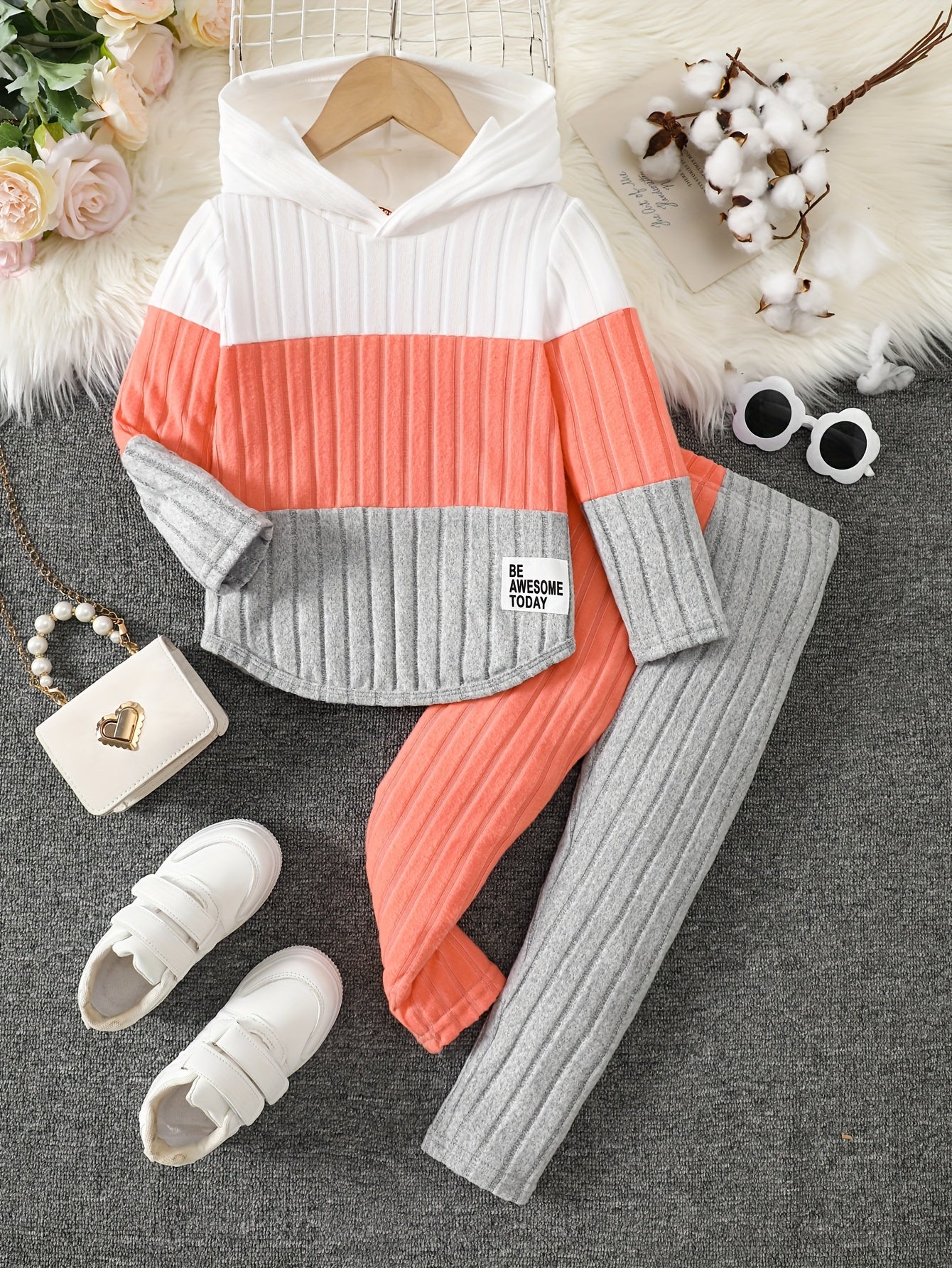 [Girls' Hoodie Set] 2pcs Girls' Pullover Hoodie Set | Long Sleeve, Color Block Patchwork, Lined Warm Knit Fabric | Autumn/Winter, Ages 1-8, Casual & Sports