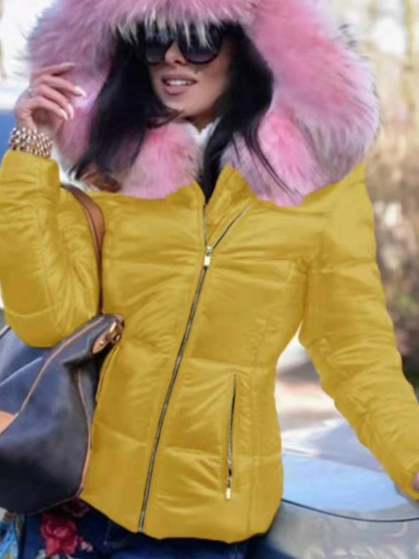 Plus Size - Plus Size - Plus Size Women'S Elegant Hooded Winter Jacket - European & American Style Warm Mid-Length Coat with Full-Zip Front Closure, Soft Pink Fur Collar & Long Sleeves, Cozy Insulated Outerwear for Fall/Winte