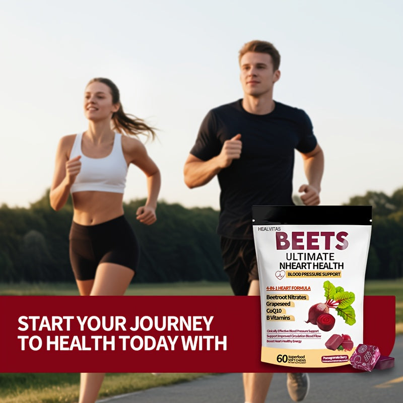 1/2pcs 4-in-1 Super Beetroot Gummies with CoQ10, Beetroot & Grapeseed - Blood Pressure & Heart Health Support, 60 Chewable Vitamins for Circulation, Blood Flow & Endothelial Function, Natural Fruit Flavor, One Month Supply (M