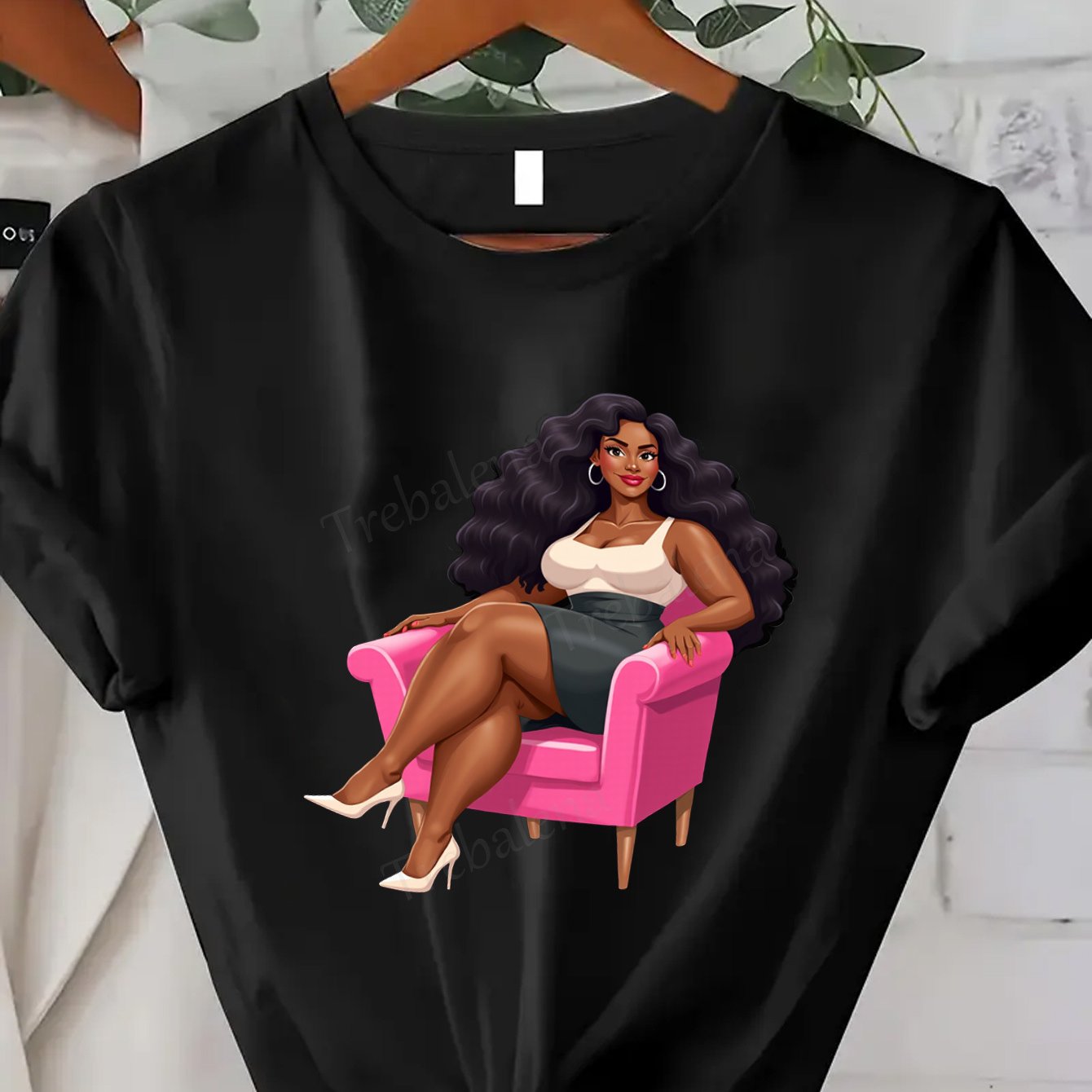 Plus Size, Trebalena Women's Plus Size Graphic T-Shirt - Sexy Curvy Lady in Pink Chair with Roses, Soft Breathable 100% Cotton Casual Everyday & Party Outfit - Perfect Halloween, Christmas, Birthday Gifts for Women - Non-See