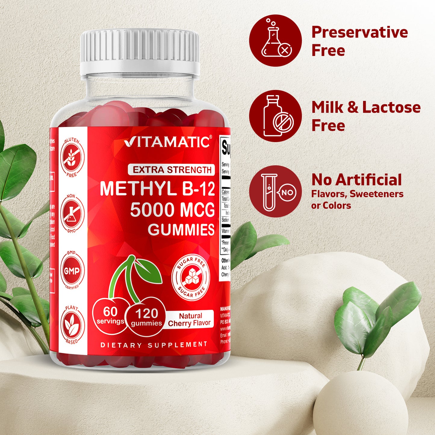 Vitamatic Extra Strength Vitamin B12 5000 mcg (Methyl B12) Gummies - 120 Count - Natural Cherry Flavored