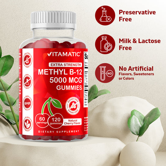 Vitamatic Extra Strength Vitamin B12 5000 mcg (Methyl B12) Gummies - 120 Count - Natural Cherry Flavored