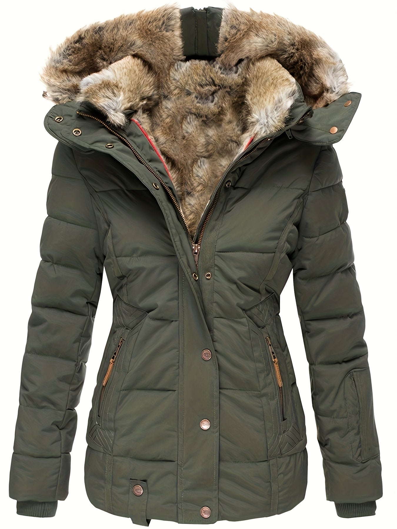 Plus Size - Women'S Winter Warm Hooded Coat with Luxurious Fur Collar & Full-Zip Closure - Slim-Fit Long Sleeve Jacket, Plus Size Cold-Weather Outerwear, /Navy, Casual to Formal Outfits, Non-Stretch Fabric, Easy On/Off Zipper