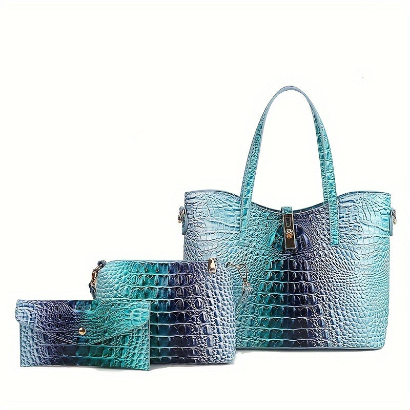 3pcs Set: Colorful Crocodile Pattern Large Capacity Faux Leather Tote & Crossbody Bags With Matching Wallet Combo, Christmas, Mother'S Day Gifts, Halloween Gifts