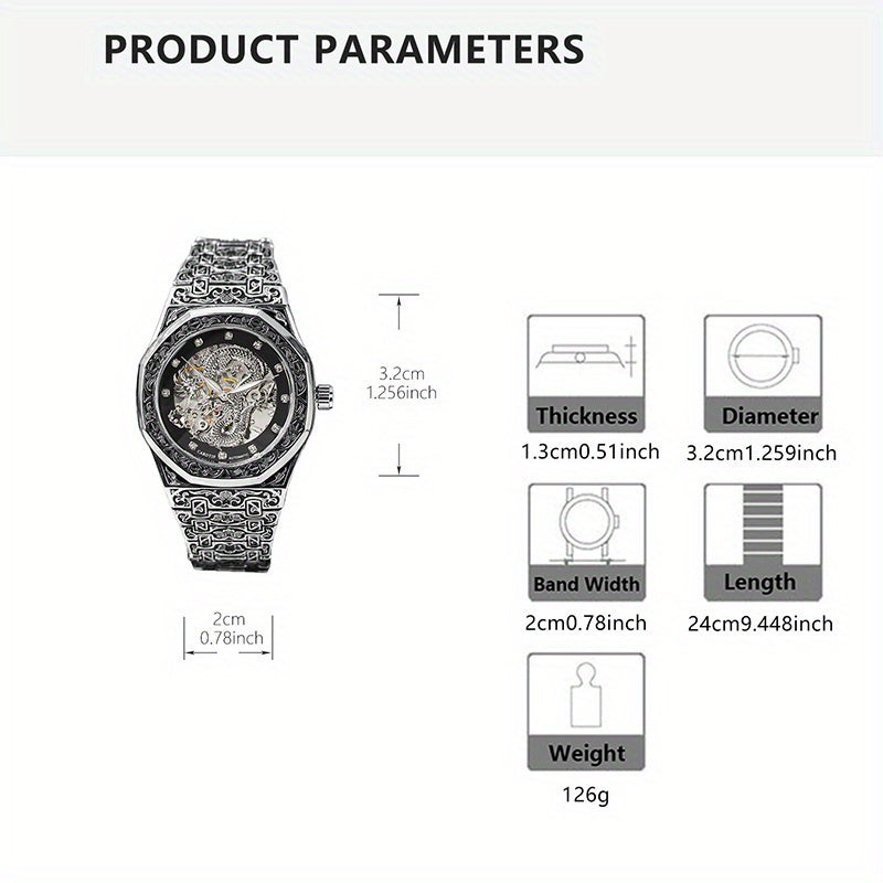 [1pc Silvery Steel Watch] 1pc Men's Silvery Steel Retro Polygonal Dragon Shape Tourbillon Automatic Hollow Mechanical Watch