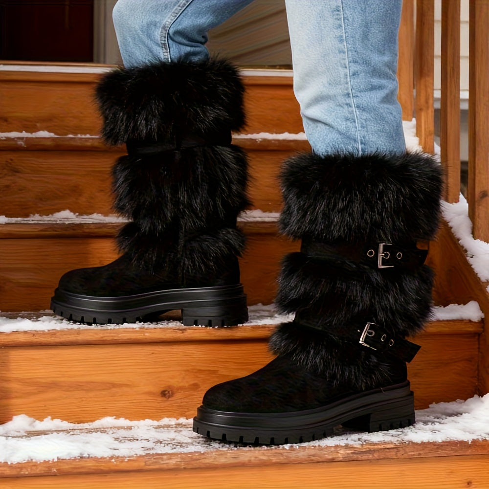 faux fur Mid-Calf Snow Boots for Women | Round Toe Platform Heel, Non-slip Pull On, Warm Shoes with Buckle Decor, Fluffy Furry, Comfortable Fashion Luxury Outfit, Outdoor Winter Booties Woman