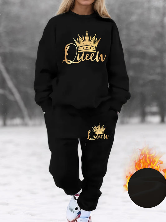 Plus Size, Autumn/Winter Plus Size Women's -Lined Sweatshirt Set with Queen Crown Print, Round Neck Long Sleeve Sweatshirt and Drawstring Pocket Pants, Casual Streetwear Winter Women's Sweatshirt Two-Piece Set