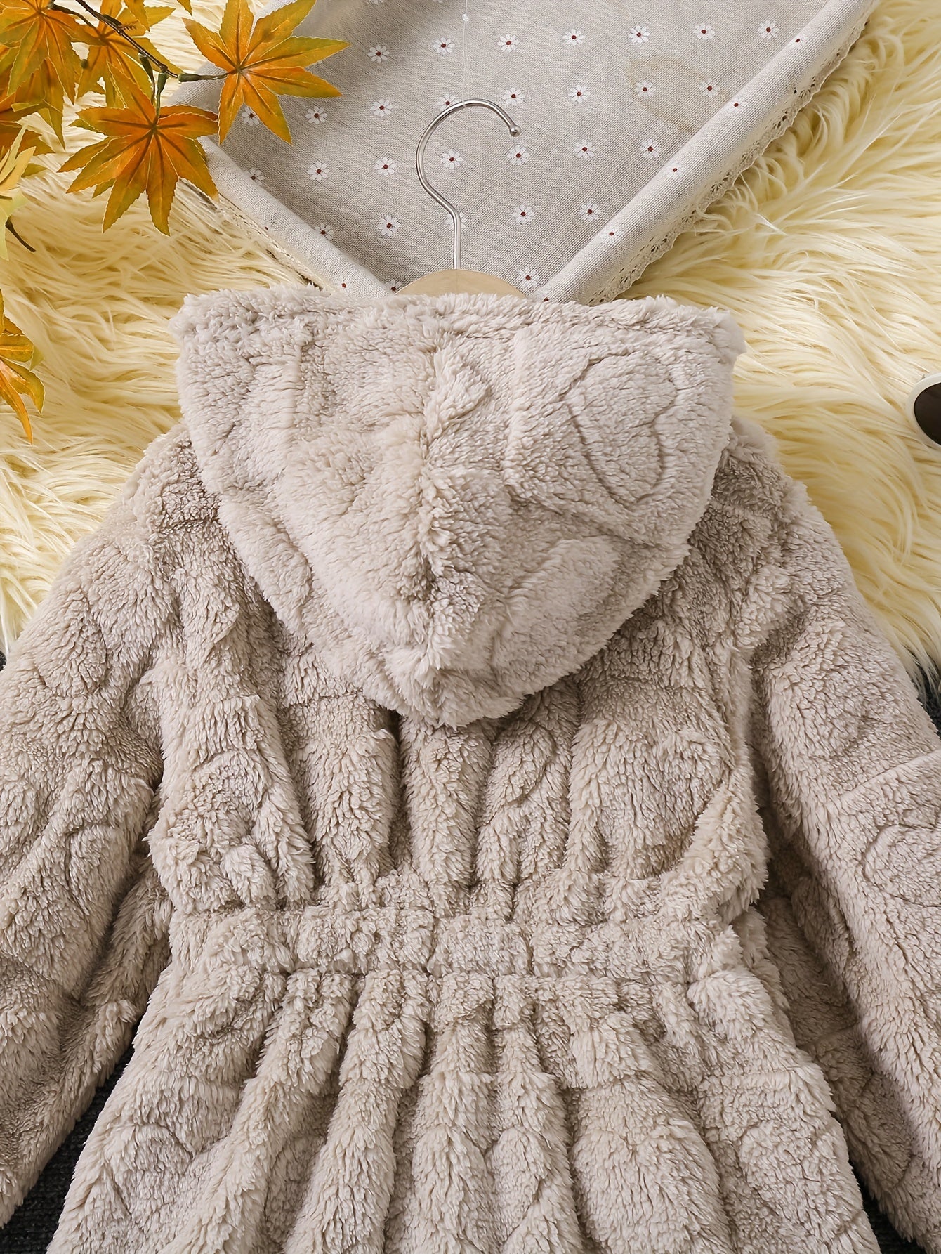 Chic Girls' Hooded Heart Pattern Fleece Cardigan - Cozy & Cute Outerwear for Fall/Winter, Machine Washable