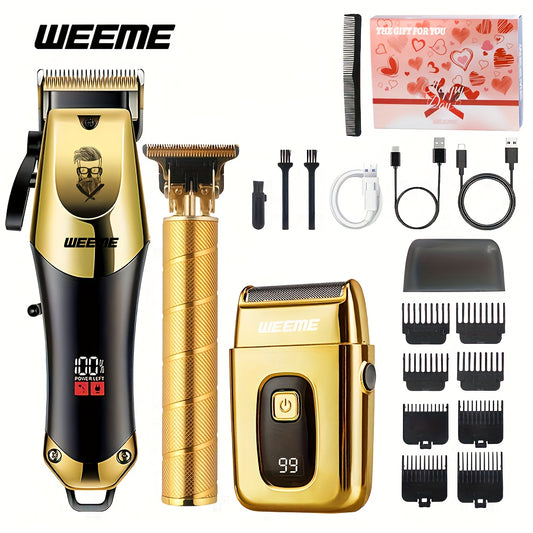 Men's Grooming Kit 3pcs Set, Golden Balck Hair Clippers with LCD Display, USB Rechargeable, 8 Guide Combs, Trimmer And Shaver, with Cleaning Brushes And Comb, Gift for Men