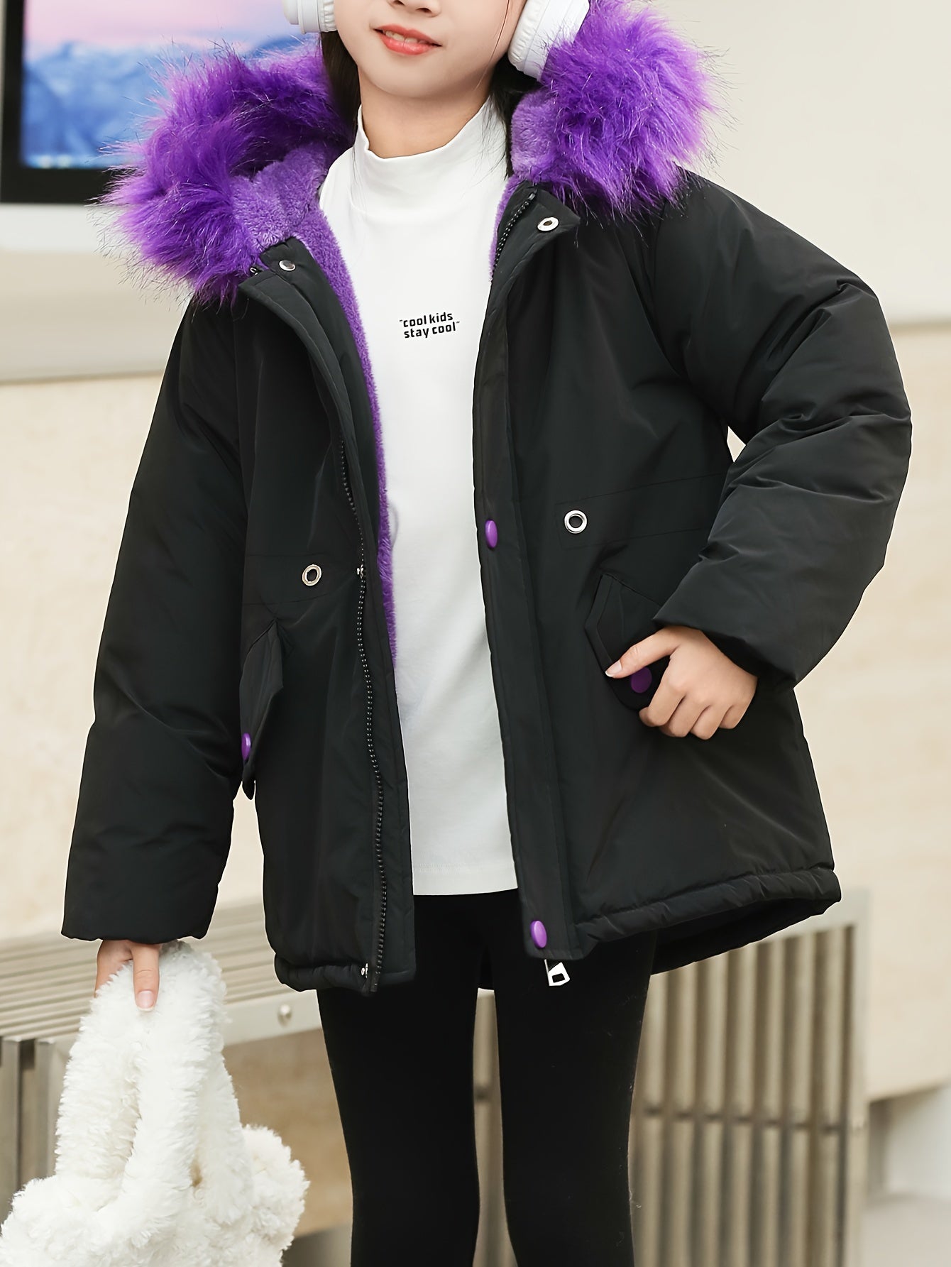 Girl's Chic Furry Collar Long Sleeve Parka Jacket, Comfy Plush Lined Warm Long Sleeve Outerwear