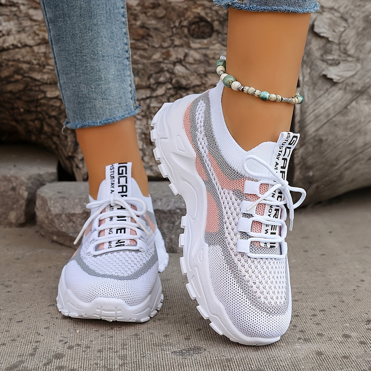 Women'S Stylish Knit Athletic Sneakers, Trendy Vibrant Low-cut Platform Walking Shoes, Airy Lightweight Comfortable Casual Footwear Extended Sizes
