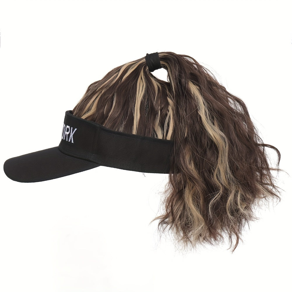 [Adjustable Baseball Cap] 1pc Adjustable Black Baseball Cap - Women's Synthetic Hair Visor Hat with Detachable Ponytail for Outdoor Sports and Fashion